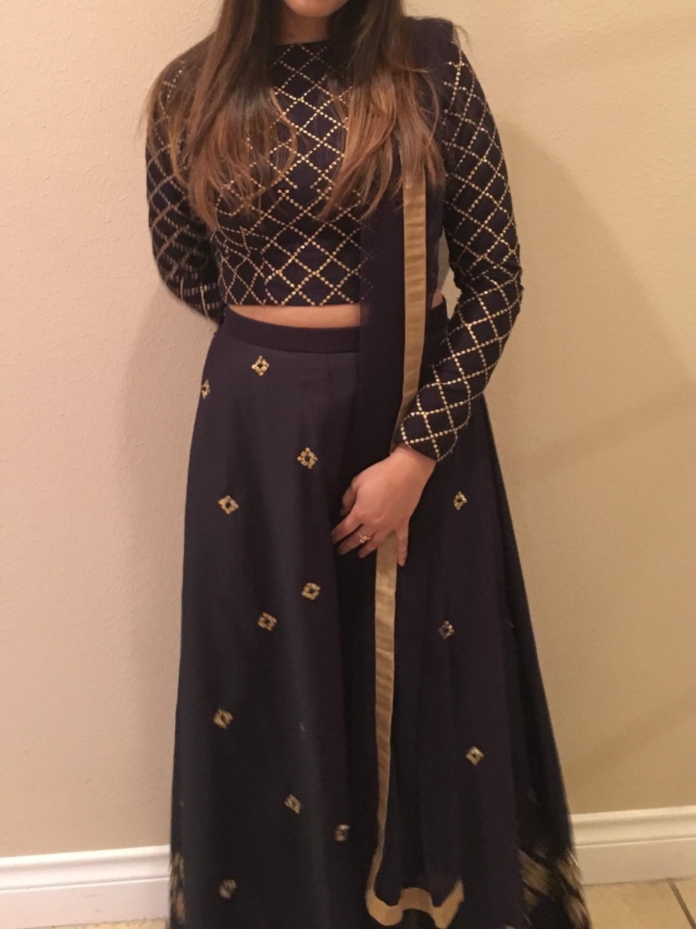 Navy Blue and Gold Custom Made Lengha